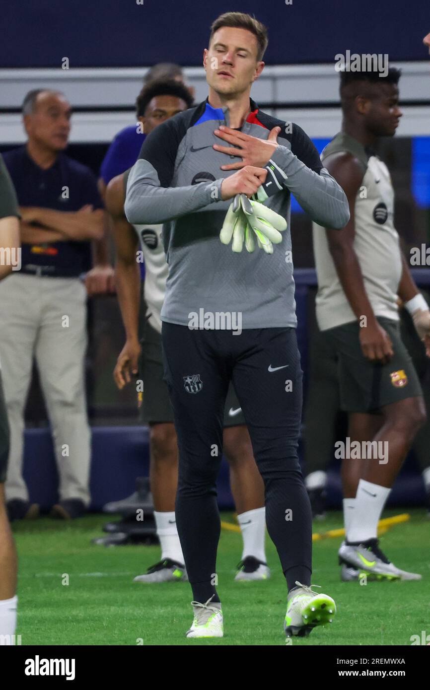 Dallas, Stati Uniti. 28 luglio 2023. Marc-André ter Stegen di Barcellona durante una sessione di allenamento presso L'AT&T Stadium di Dallas negli Stati Uniti questo venerdì 28 luglio. Domani il team affronta Real Madrid Credit: Brazil Photo Press/Alamy Live News Foto Stock