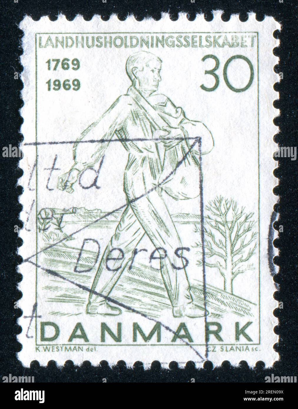 DANIMARCA - CIRCA 1969: Timbro stampato dalla Danimarca, mostra Sower, circa 1969 Foto Stock