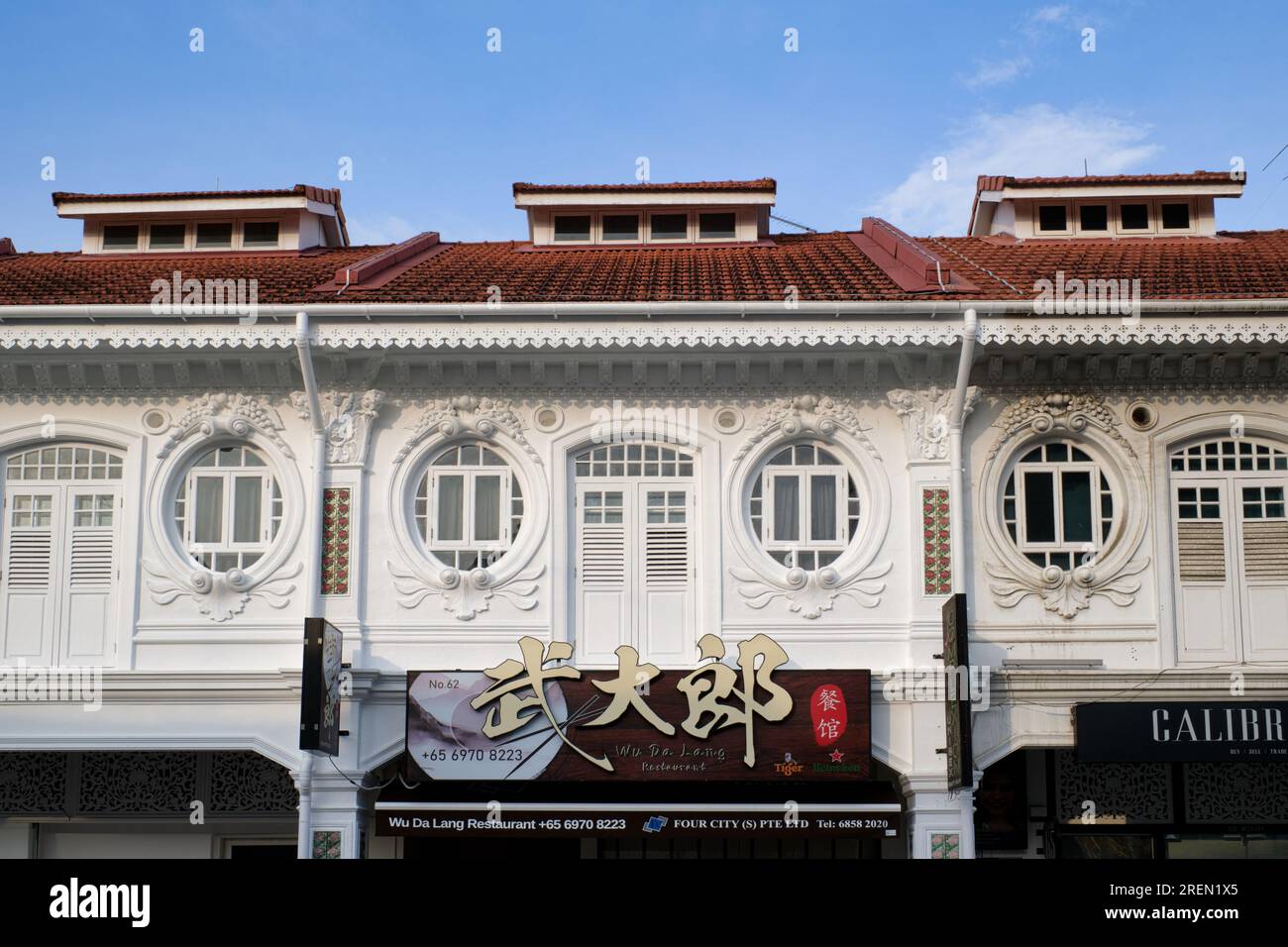 Splendide botteghe in stile Peranakan (stile cinese dello stretto) decorate con gusto in Syed Alwi Road, Singapore, Sud-Est asiatico Foto Stock