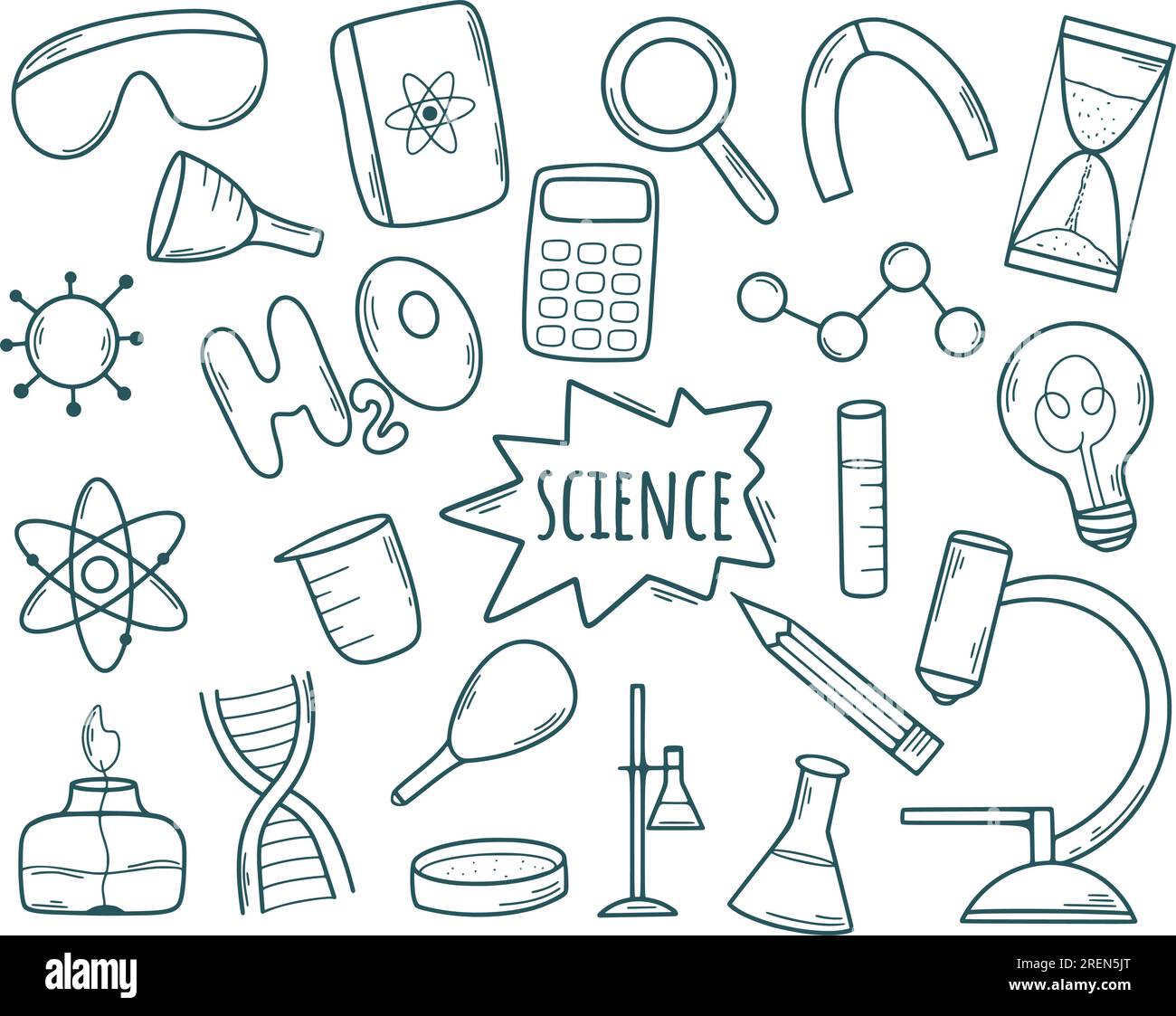 Set scientifico disegnato a mano. Soggetti e attributi di fisica, chimica e biologia stile di schizzo doodle. Collezione di elementi scientifici, vettore clip art Illustrazione Vettoriale