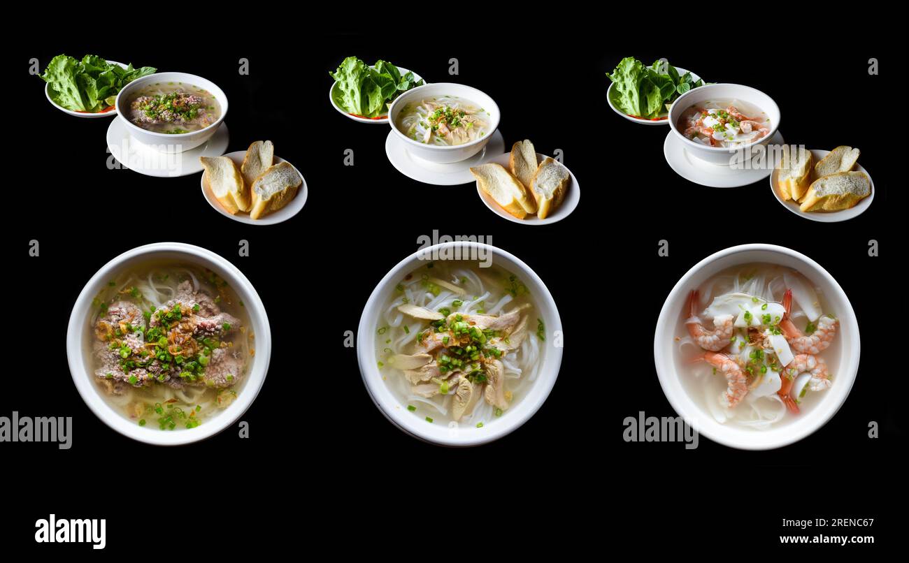 Set o collage di zuppe tradizionali vietnamite Pho con pollo, frutti di mare e manzo (pho ga, pho bo, pho hai san) Foto Stock