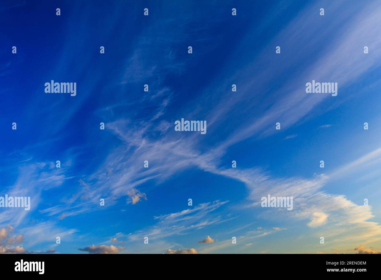 il cirrus ad alta quota nuvola contro un cielo blu profondo Foto Stock