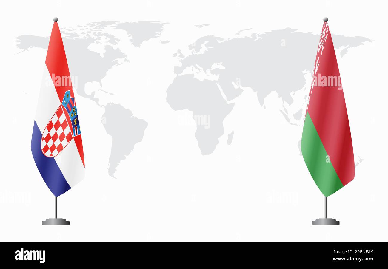 Bandiere croate e bielorusse per incontri ufficiali sullo sfondo della mappa mondiale. Illustrazione Vettoriale