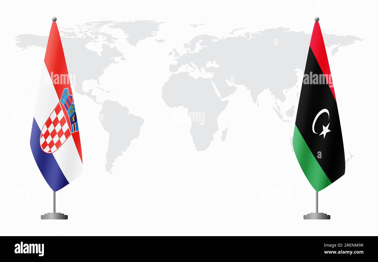 Croazia e Libia bandiere per un incontro ufficiale sullo sfondo della mappa mondiale. Illustrazione Vettoriale
