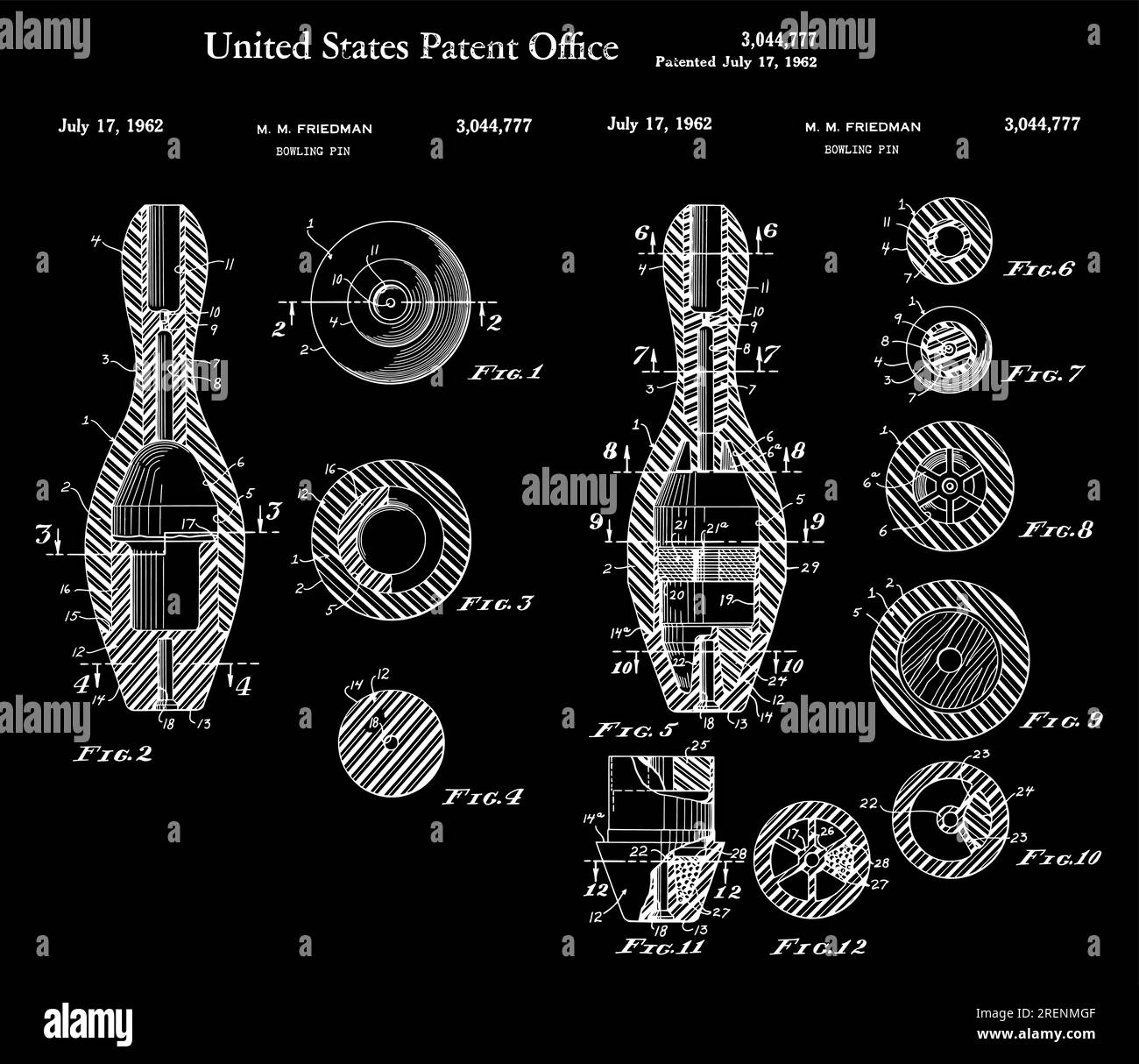 Prima stampa con brevetto Bowling pin, con un design popolare da oltre mezzo secolo. Illustrazione Vettoriale