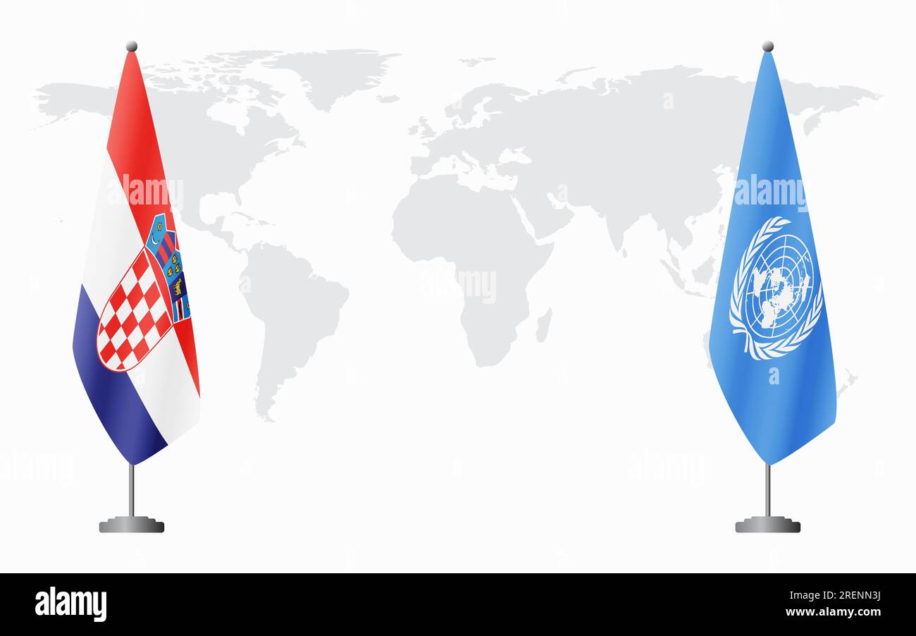 Bandiere della Croazia e delle Nazioni Unite per un incontro ufficiale sullo sfondo della mappa mondiale. Illustrazione Vettoriale