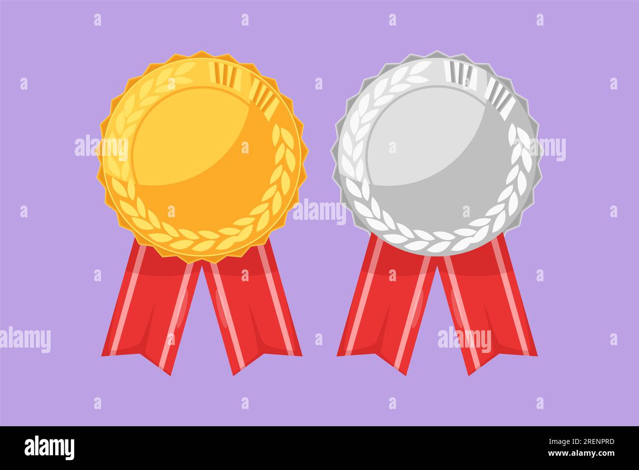 Design piatto grafico che disegna medaglie d'oro e d'argento set realistico con nastri. Simboli del vincitore. Risultati da competizione, torneo, campionato Foto Stock