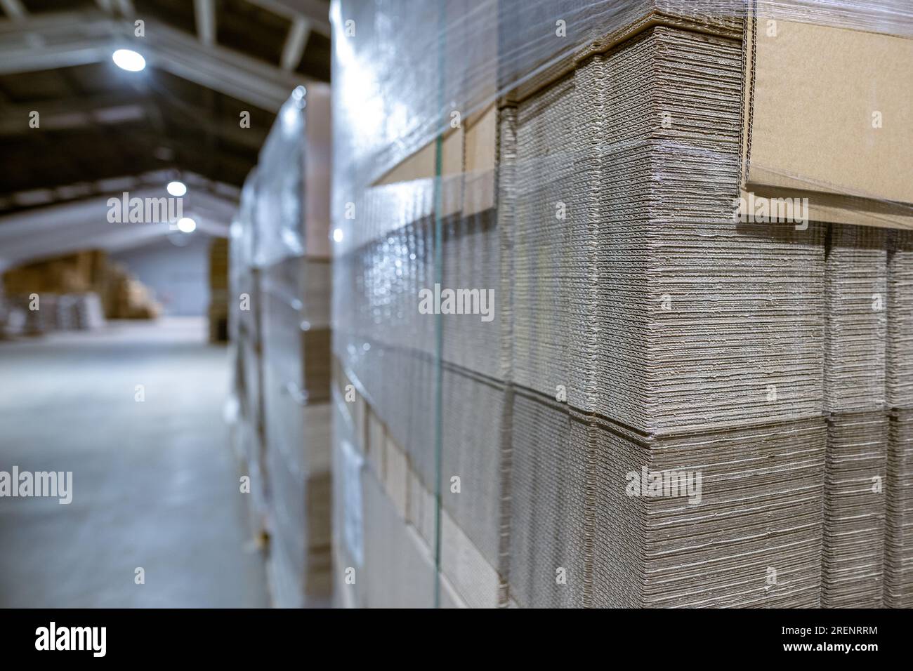 Scatole di cartone pieghevoli. Fogli perforati di cartone ondulato impilati su pallet. Imballaggio di prodotti finiti nella produzione industriale. Foto Stock