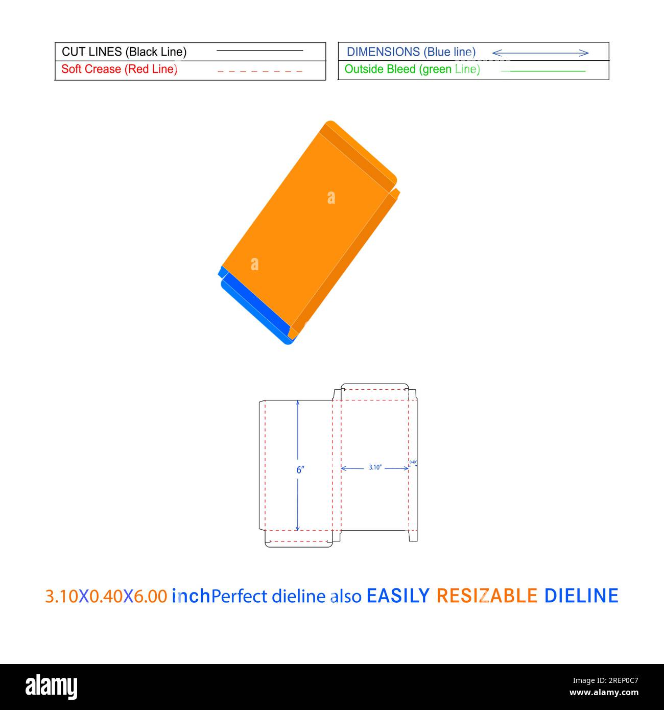 Scatola pieghevole con estremità ripiegabile rovesciata RTE (3,10x0,40x6)", modello personalizzato della linea della matrice della scatola e file vettoriale 3D. Illustrazione Vettoriale