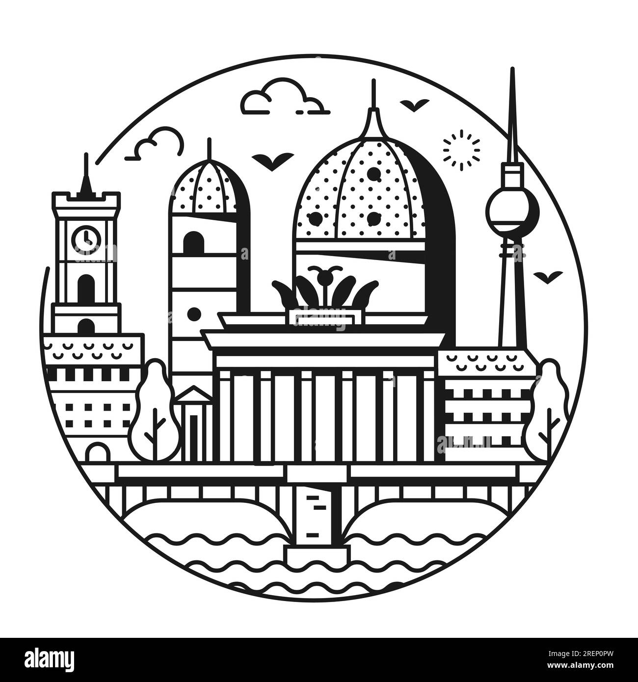 Viaggia nell'icona del cerchio di Berlino in Line Art Design Illustrazione Vettoriale