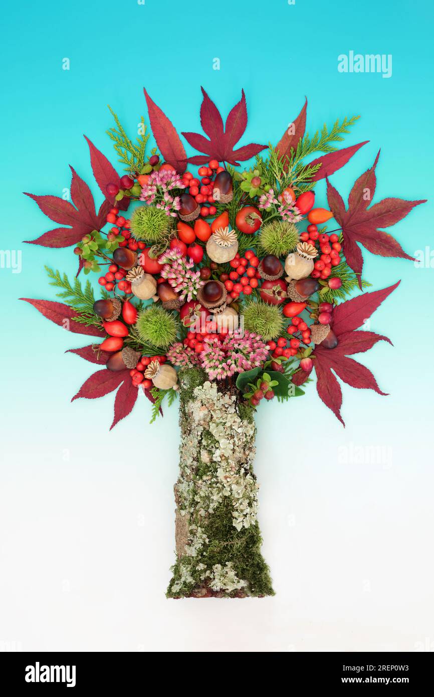 Design surreale e astratto a forma di albero per il giorno del Ringraziamento autunnale e la festa del raccolto Samhain con foglie, frutti di bosco, fiori e noci. Foto Stock