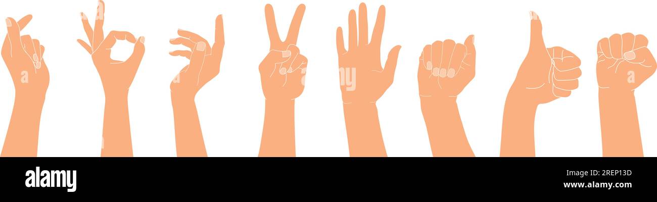 Set di mani umane sollevate con gesti diversi. Illustrazione vettoriale isolata delle mani umane Illustrazione Vettoriale