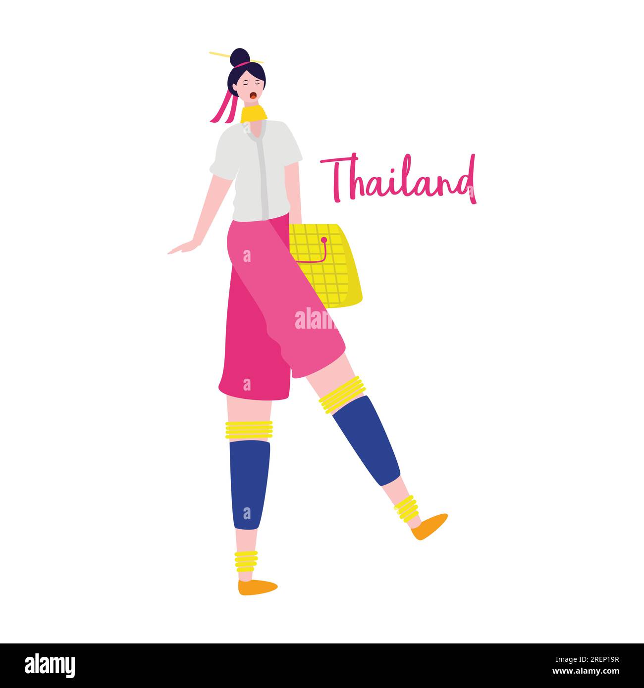 bellissima ragazza che indossa abiti casual eleganti con accessori eleganti e borsa e viaggia in thailandia Illustrazione Vettoriale
