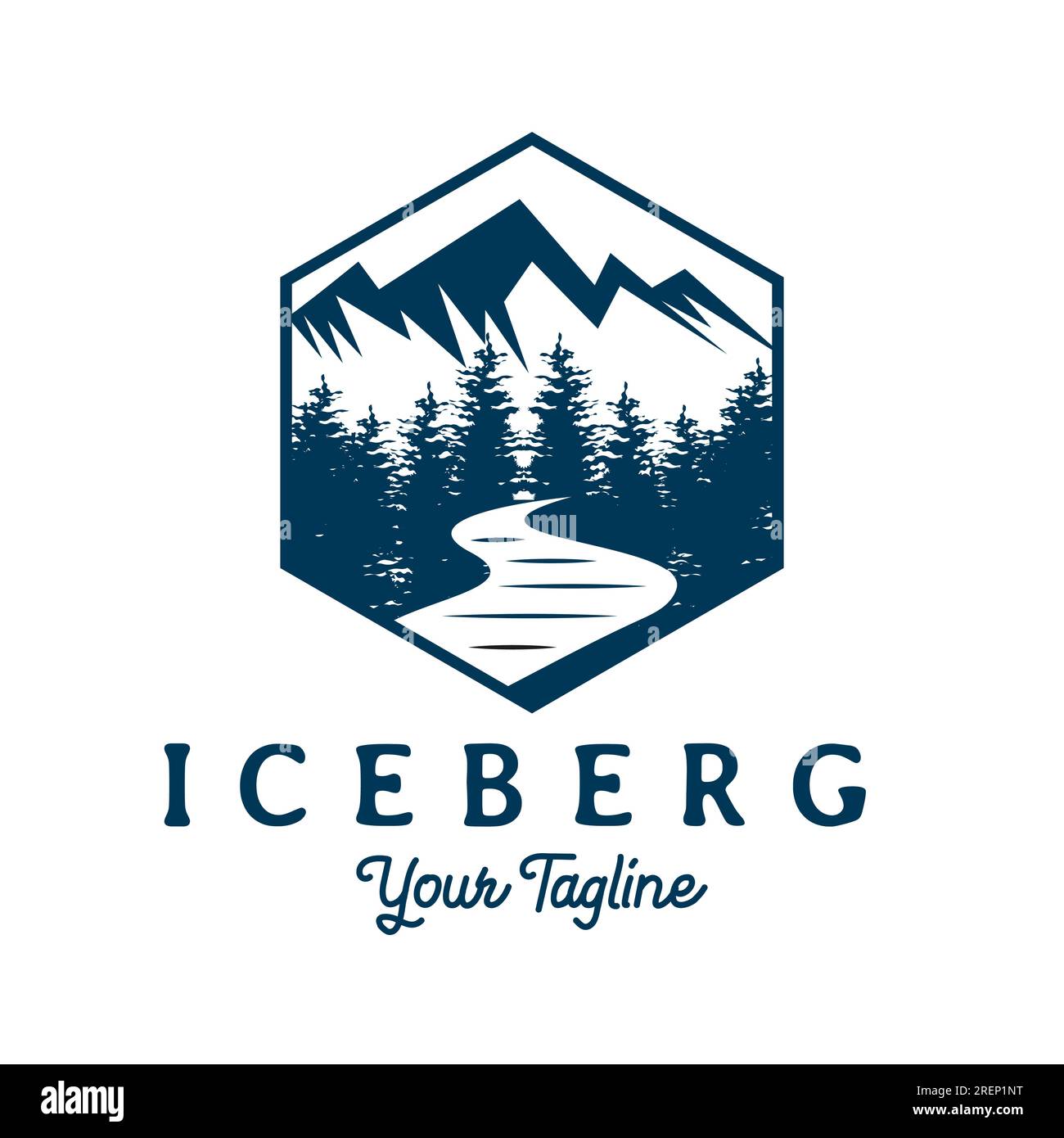 Ice Snow Mountain Hill Creek River e Pine Trees stile retro vintage per il logo Adventure Vector Illustrazione Vettoriale