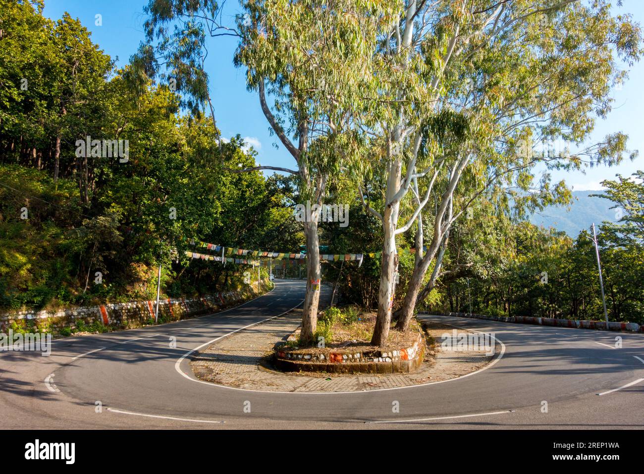 Svolta a U sulla Dehradun-Mussoorie Highway in mezzo a colline. Rajpur Road, Uttarakhand, India. Foto Stock