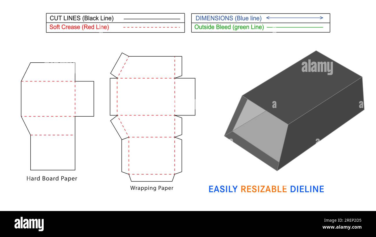 Scatola di copertura rigida o scatola a manicotto linea di stampo, design modello di imballaggio fustellato con scatola 3D. Illustrazione Vettoriale