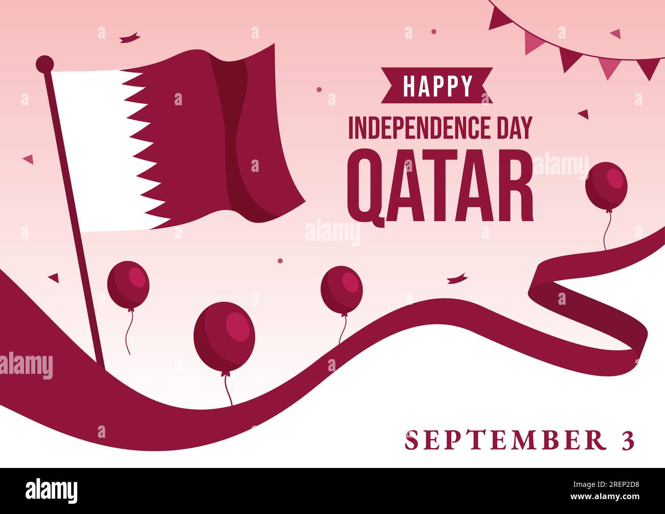 Illustrazione vettoriale del giorno dell'indipendenza del Qatar felice il 3 settembre con sfondo bandiera ondulata in modelli di landing page disegnati a mano con cartone animato piatto Illustrazione Vettoriale