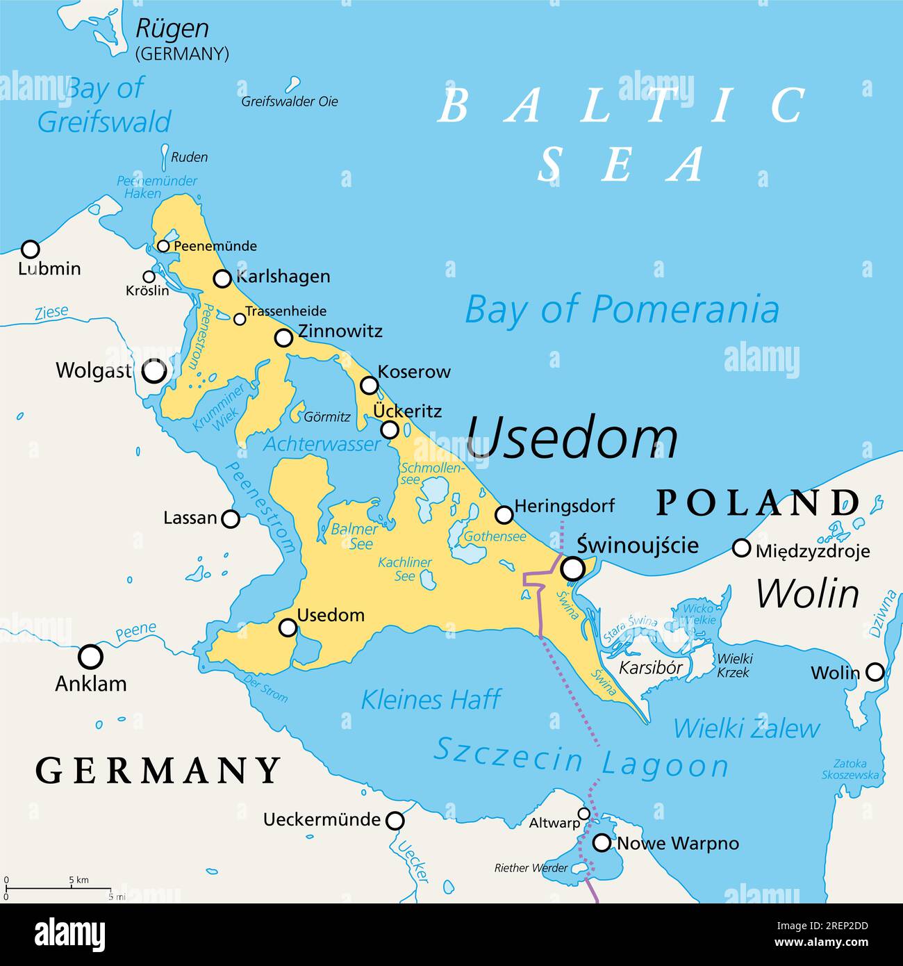 Usedom, isola del Mar Baltico in Pomerania, mappa politica. Soprannominata Sun Island. L'isola più popolosa del Mar Baltico, divisa tra Germania e Polonia. Foto Stock