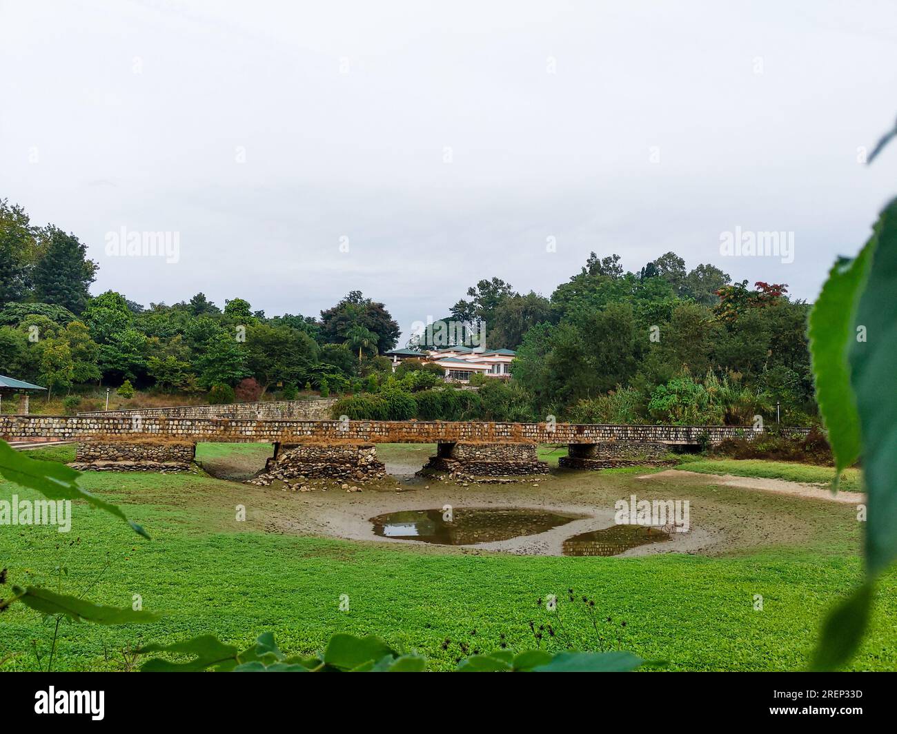 Affascinante ponte in pietra su un sereno laghetto con giardino nella città di Dehradun, India. Ambiente panoramico all'aperto Foto Stock