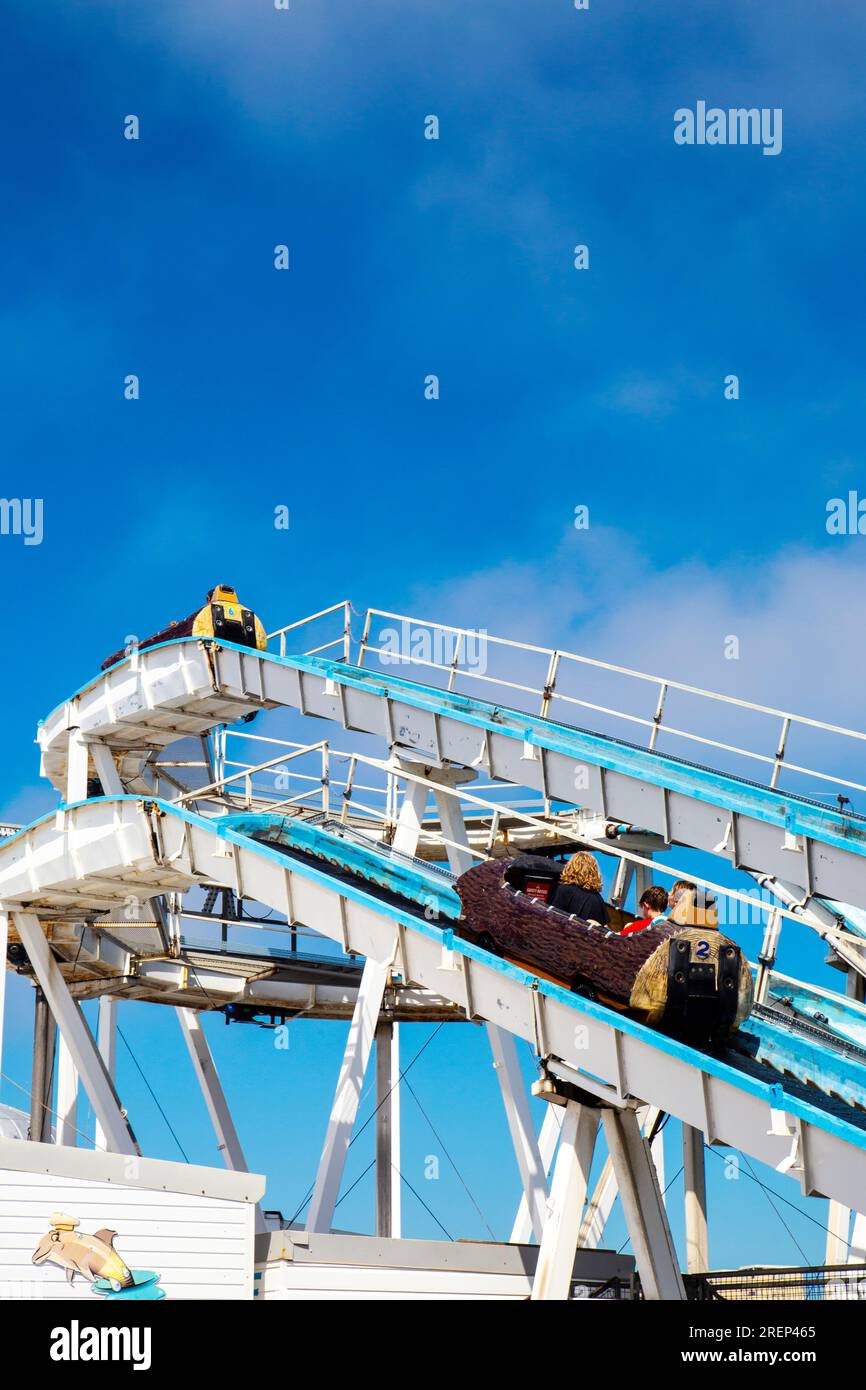 Giro sulla costa d'acqua dei tronchi di legno del Wild River presso il parco divertimenti Brighton Palace Pier, Brighton, East Sussex, Inghilterra Foto Stock