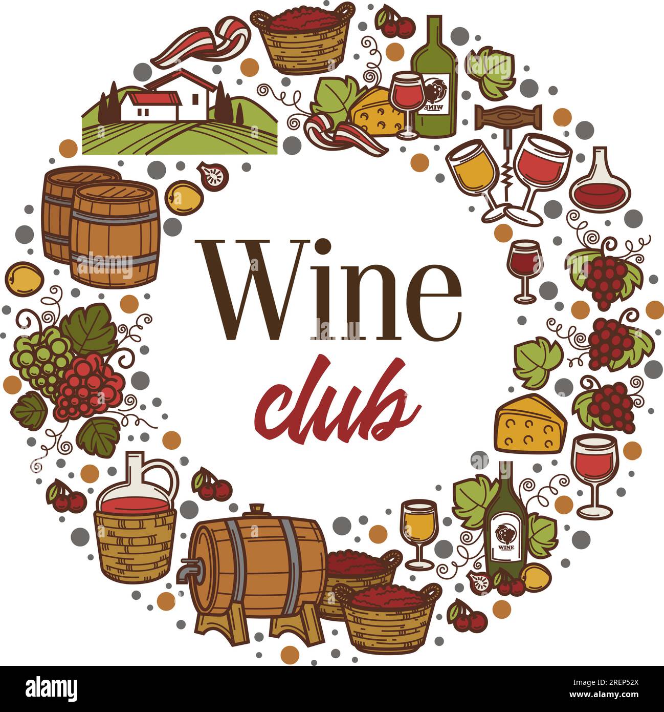 Banner wine club con barili e uva alcol Illustrazione Vettoriale