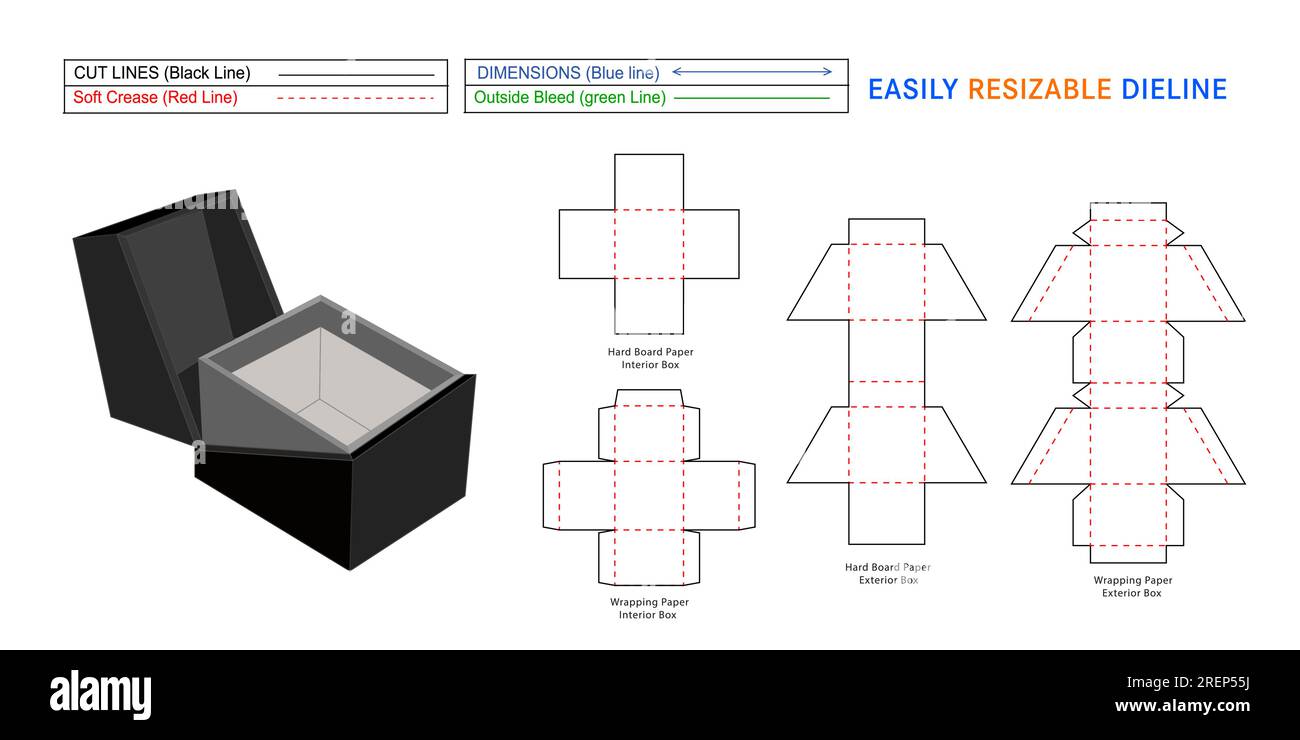 Confezione regalo rigida Luxury, scatola ad anello rigida, modello linea di stampi per scatole rigide personalizzate e vettore 3D. Illustrazione Vettoriale