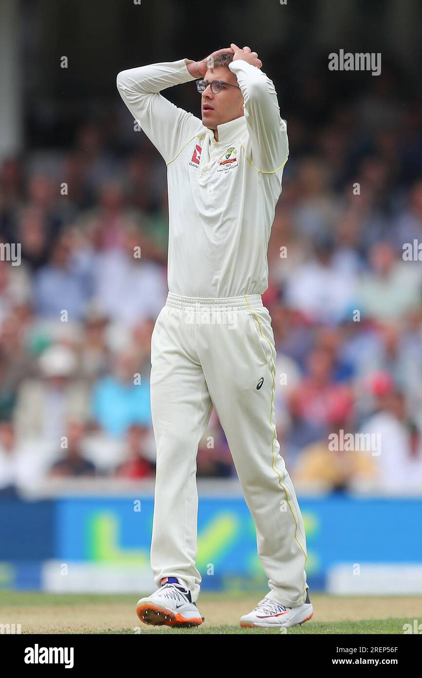 Todd Murphy, australiano, reagisce durante la partita LV= Insurance Ashes Fifth test Series Day Three Inghilterra vs Australia al Kia Oval, Londra, Regno Unito, 29 luglio 2023 (foto di Gareth Evans/News Images) Foto Stock