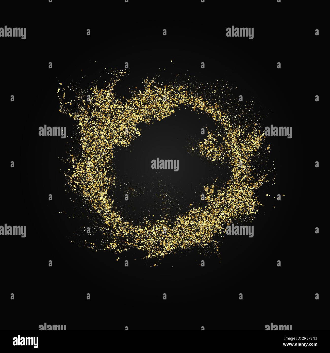 L'oro risplende su uno sfondo nero.sfondo astratto di particelle d'oro in cerchio, cornice vettoriale, elemento di design per le vacanze. Illustrazione Vettoriale