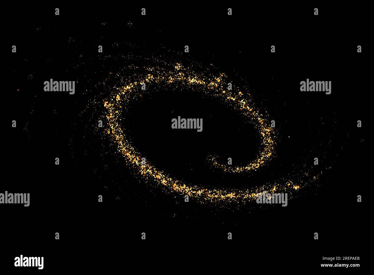 Un'onda dorata e lucente di scintillanti particelle di glitter. L'oro luccica su sfondo nero. Illustrazione Vettoriale