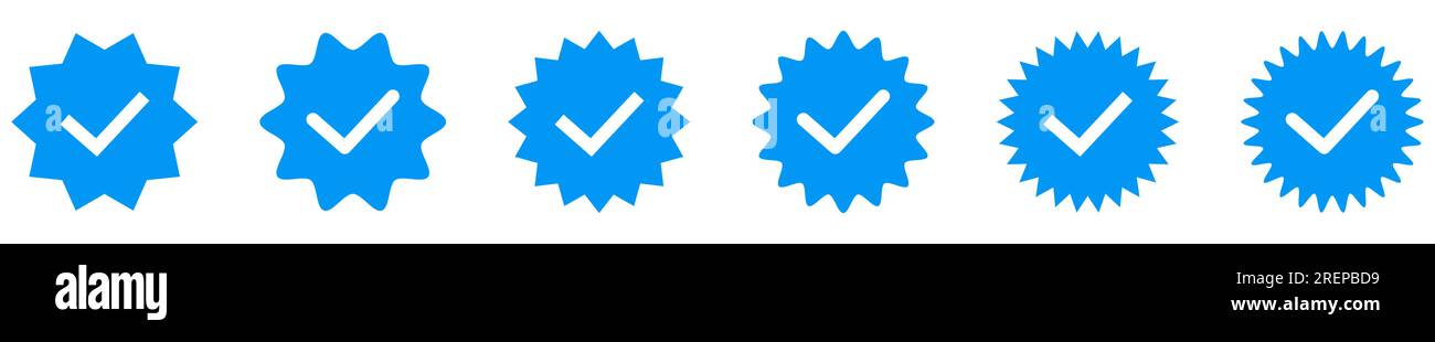 Icone del badge blu verificate. Icone di verifica dell'account dei social media. Illustrazione vettoriale isolata su sfondo bianco Illustrazione Vettoriale