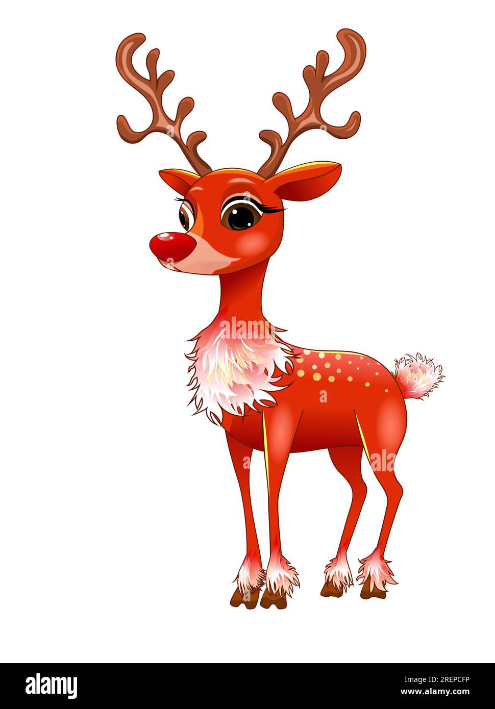 Cervo dei cartoni animati, colore rosso, personaggio carino su sfondo bianco. Illustrazione Vettoriale