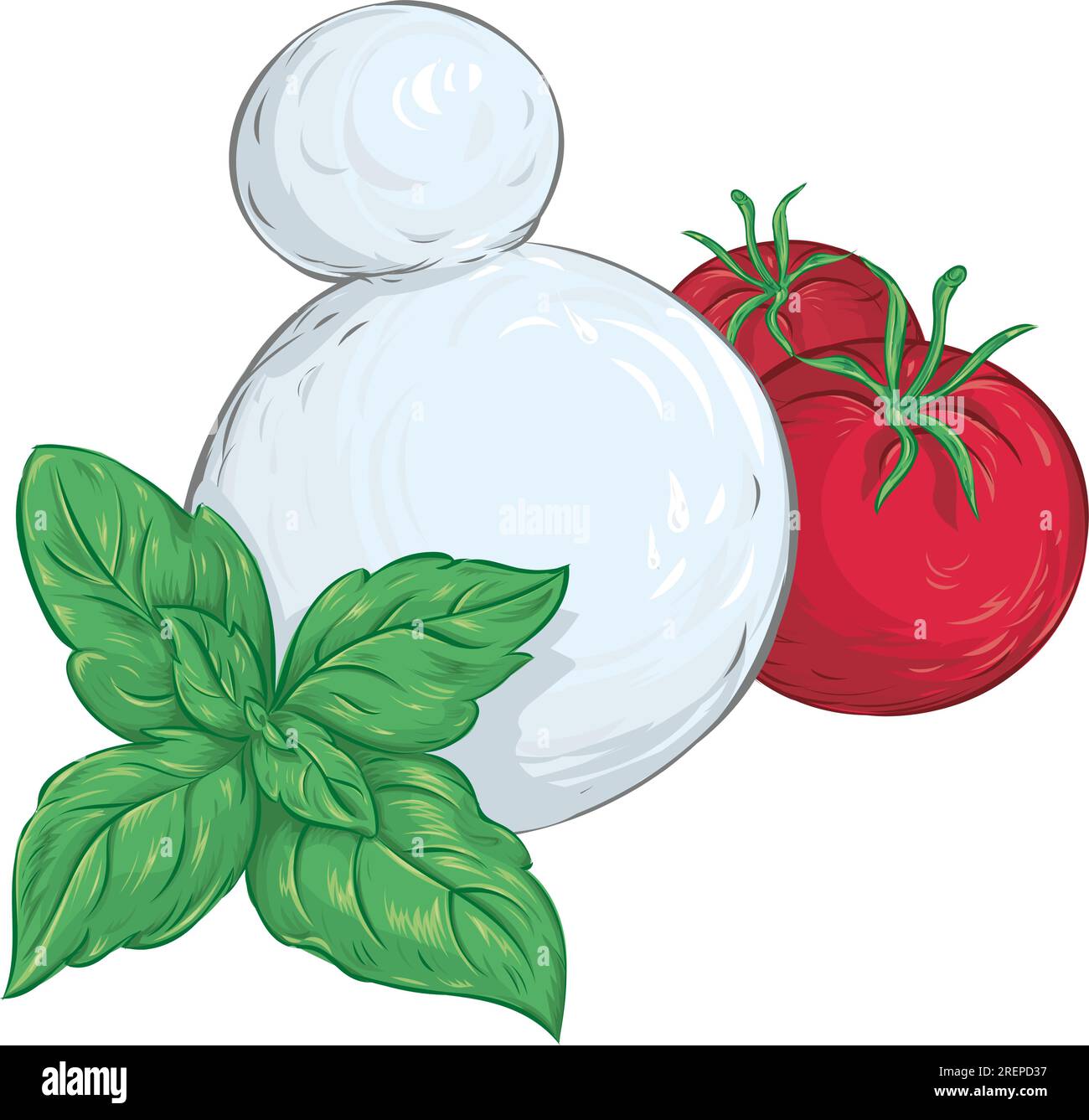 Pomodoro e basilico con mozzarella. isolato su bianco Illustrazione Vettoriale