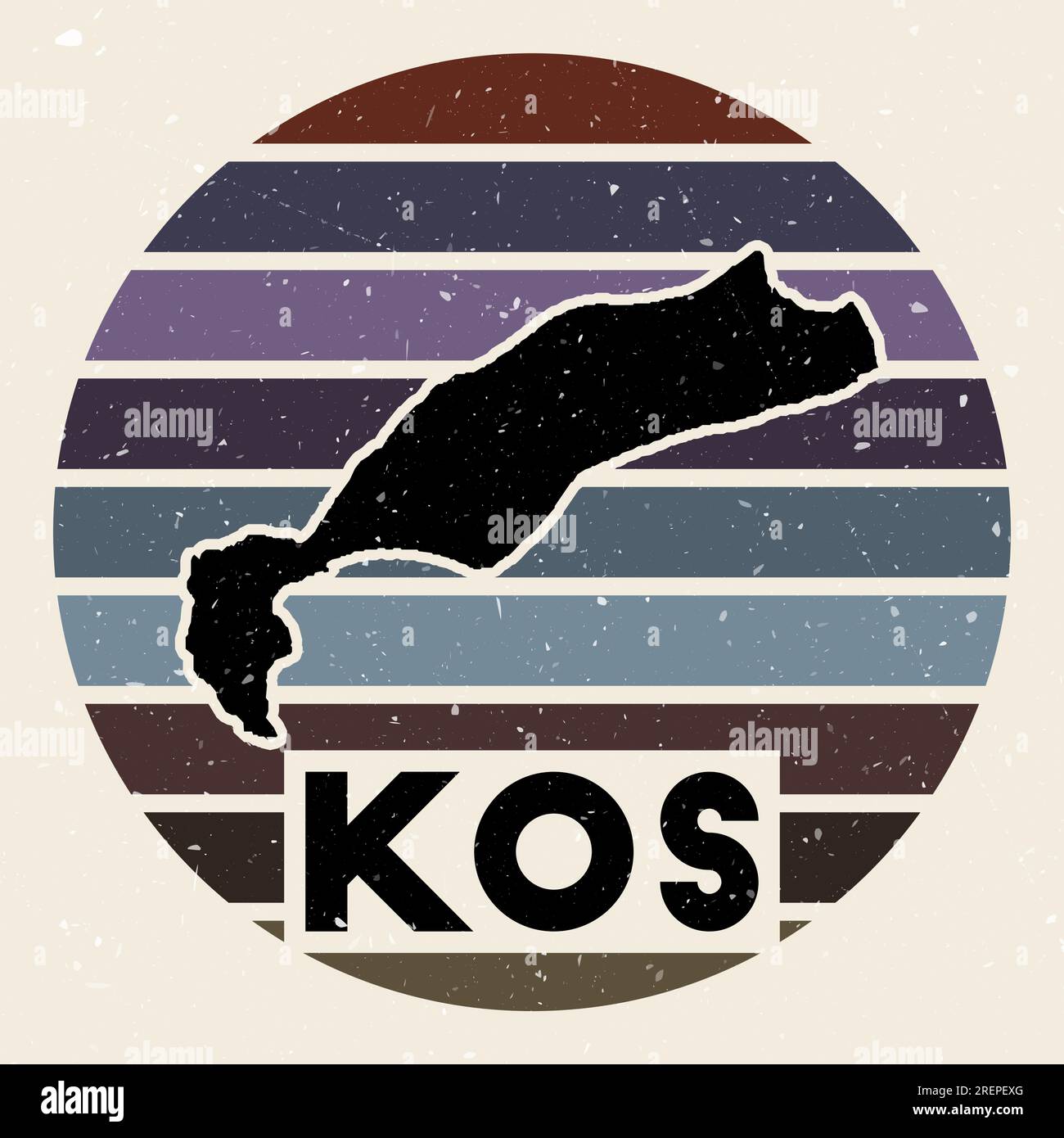 Logo KOS. Firma con la mappa dell'isola e strisce colorate, illustrazione vettoriale. Può essere utilizzato come insegna, logotipo, etichetta, adesivo o badge di Kos. Illustrazione Vettoriale