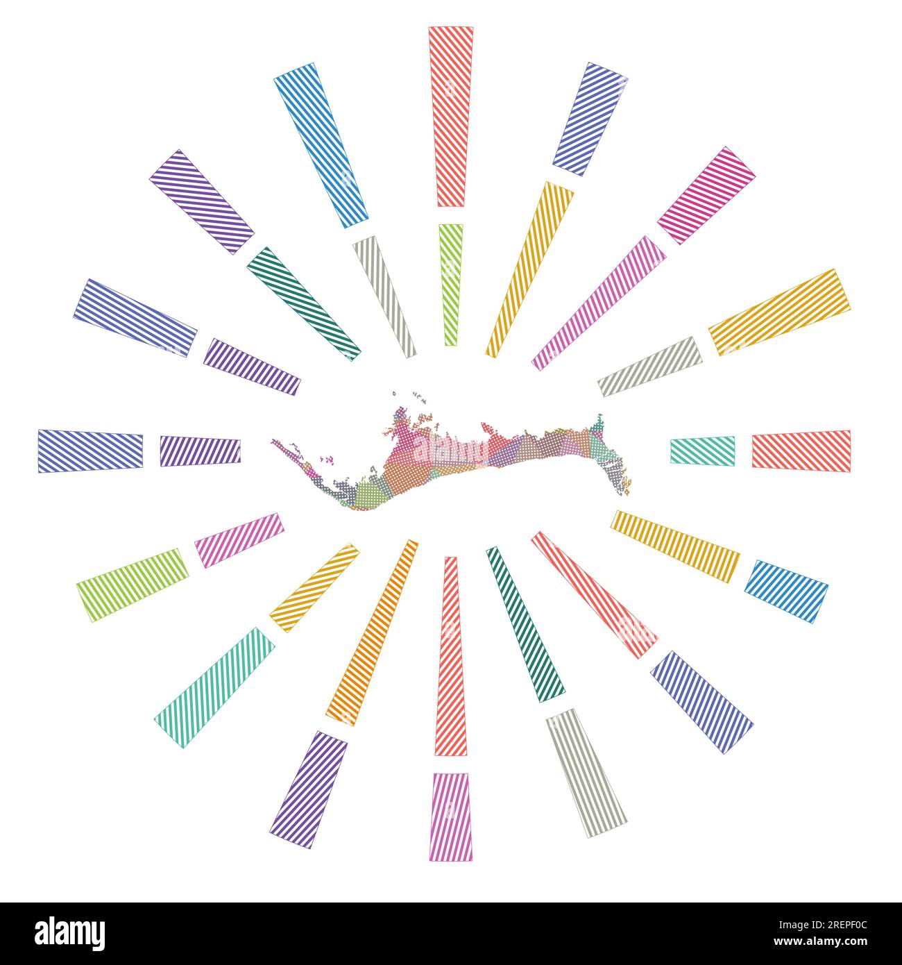 Grand Bahama Sunburst. Basse razze a strisce poly e mappa dell'isola. Illustrazione vettoriale alla moda. Illustrazione Vettoriale