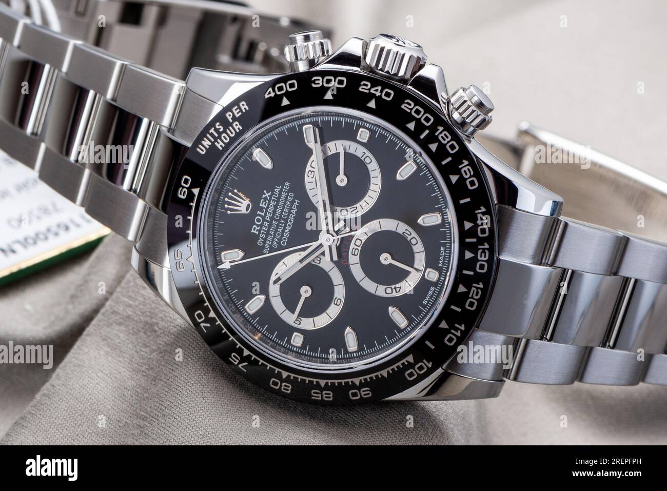 Rolex Daytona 116500LN in bianco e nero come si vede durante la presentazione a Baselworld Foto Stock