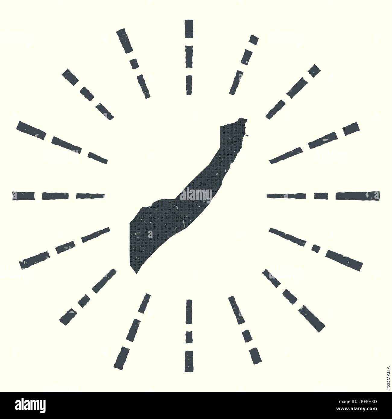Logo Somalia. Poster grunge Sunburst con mappa del paese. Forma della Somalia piena di cifre esadecimali con raggi solari intorno. Illustrazione Vettoriale