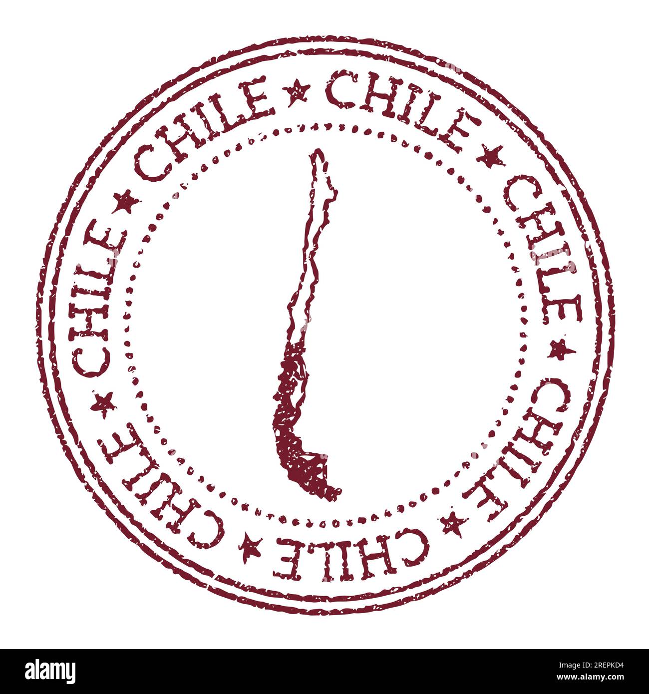 Francobollo rotondo in gomma per il Cile con mappa del paese. Timbro passaporto rosso vintage con testo circolare e stelle, illustrazione vettoriale. Illustrazione Vettoriale