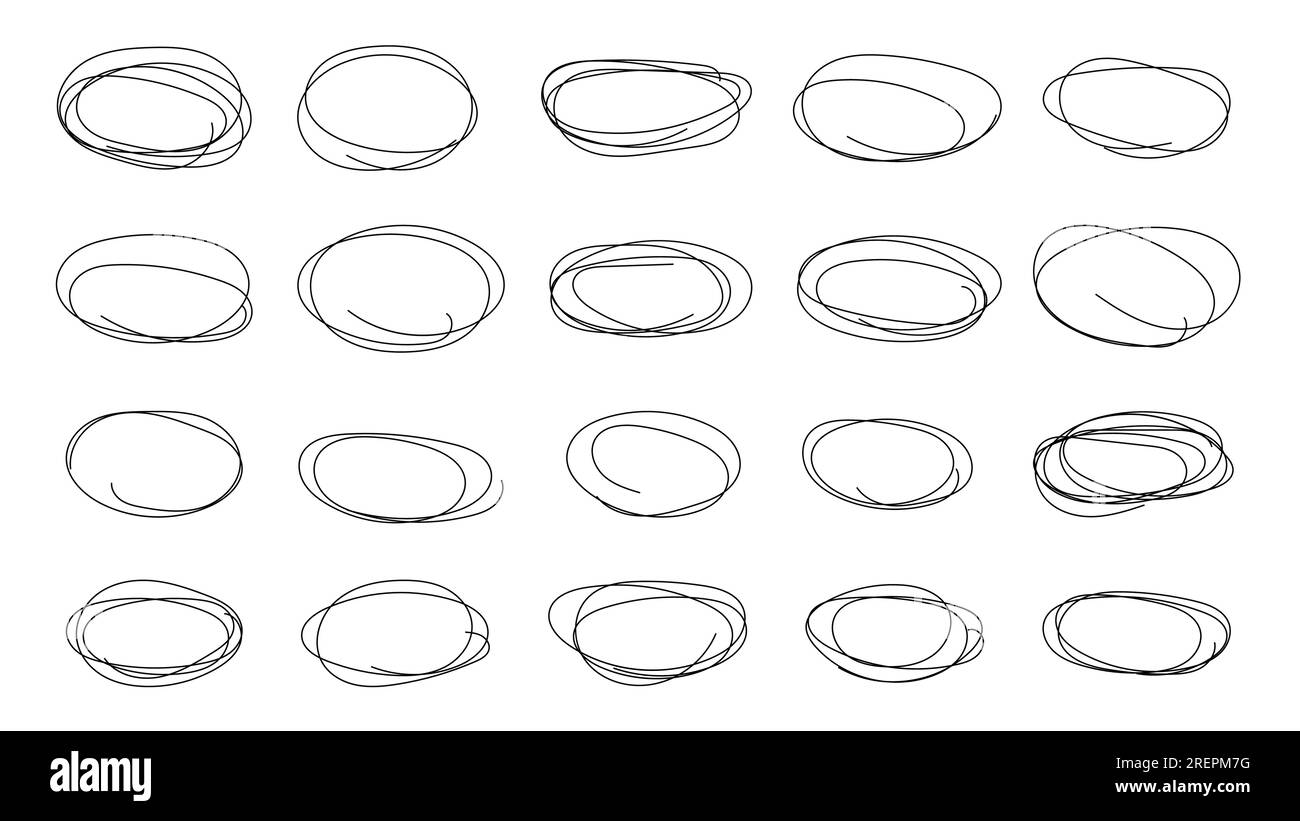 Set di matite disegnate a mano astratte vettoriali, ellissi e ovali su sfondo bianco. Riquadri grunge astratti ed elementi di bordi. Doodle ha fatto un bravo schizzo Illustrazione Vettoriale
