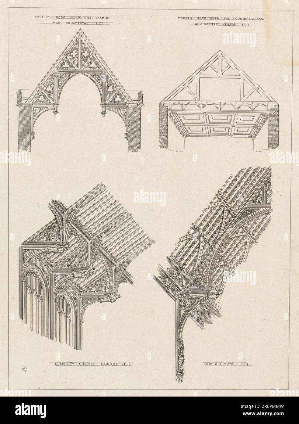 Quattro figure: Schizzi di tetto antient (sic) con cornice fatta ornamentale, fig. 1: Tetto moderno con il Conceald (sic) incorniciato da un soffitto intonacato, Fig. 2; Blakeney Church Norfolk, Fig. 3; Bury St di Augustus Pugin Foto Stock