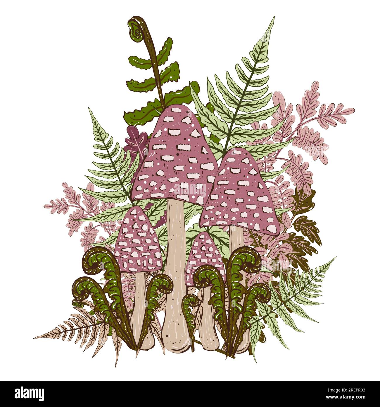 Composizione di funghi velenosi e foglie di felce. Illustrazione mistica in stile cartone animato Foto Stock