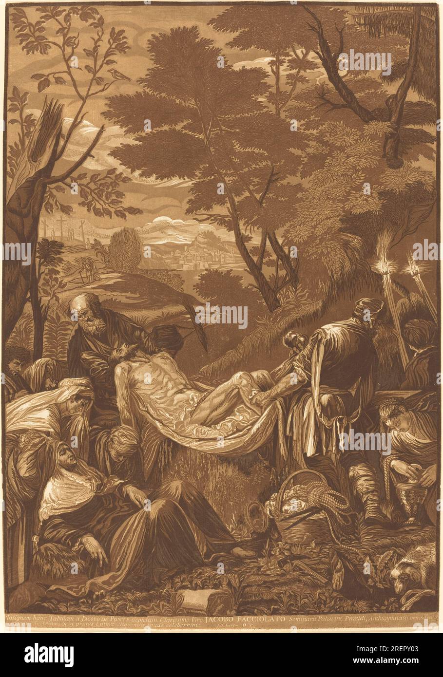 "John Baptist Jackson After Jacopo Bassano, The Entombment, 1739, chiaroscuro Woodcut in Brown [prova di prova], Rosenwald Collection, 1946.11.88" Foto Stock