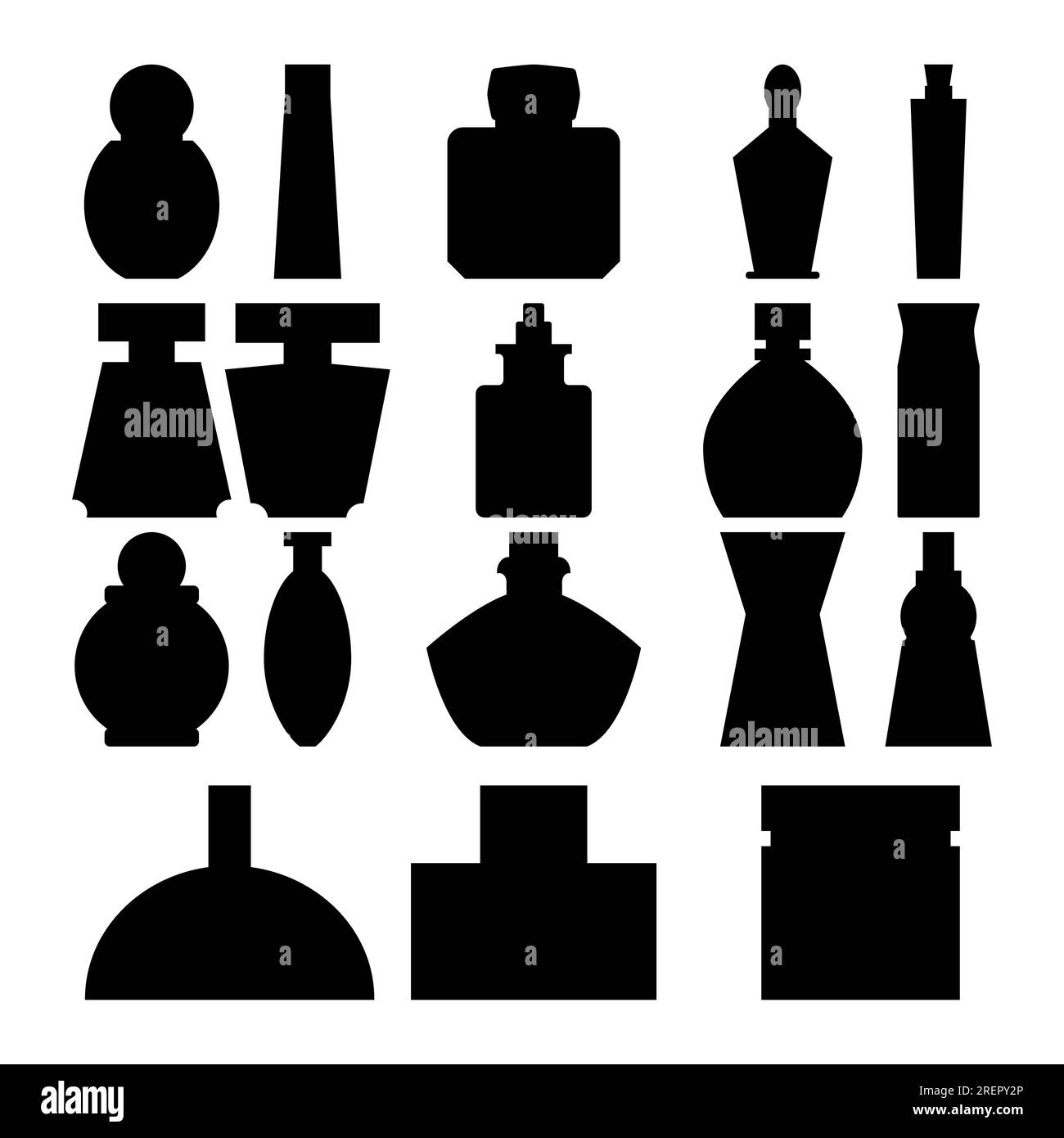 Set di bottiglie per profumi. Silhouette nere. Illustrazioni vettoriali e icone su sfondo bianco. Illustrazione Vettoriale