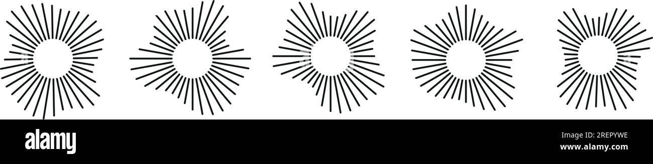 Forme circolari di onde sonore, per la musica audio, icone rotonde di voce, loghi, equalizzatori, radiali nello spettro, motivi negli anelli. Illustrazione vettoriale piatta Illustrazione Vettoriale