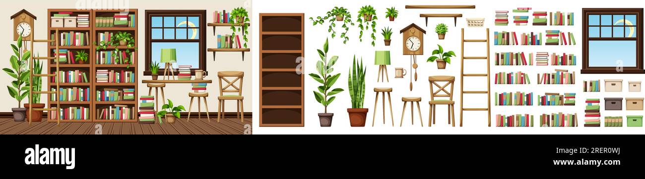 Arredamento della sala lettura con librerie e molti libri e piante da casa. Intimo design degli interni della vecchia biblioteca. Set di mobili. Costruttore di interni Illustrazione Vettoriale