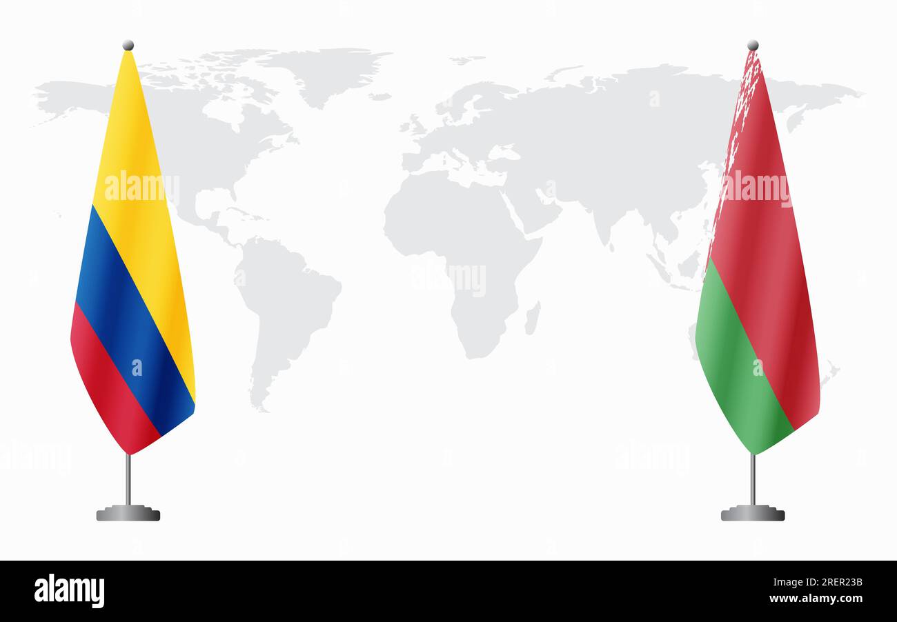 Colombia e bandiere bielorusse per un incontro ufficiale sullo sfondo della mappa mondiale. Illustrazione Vettoriale