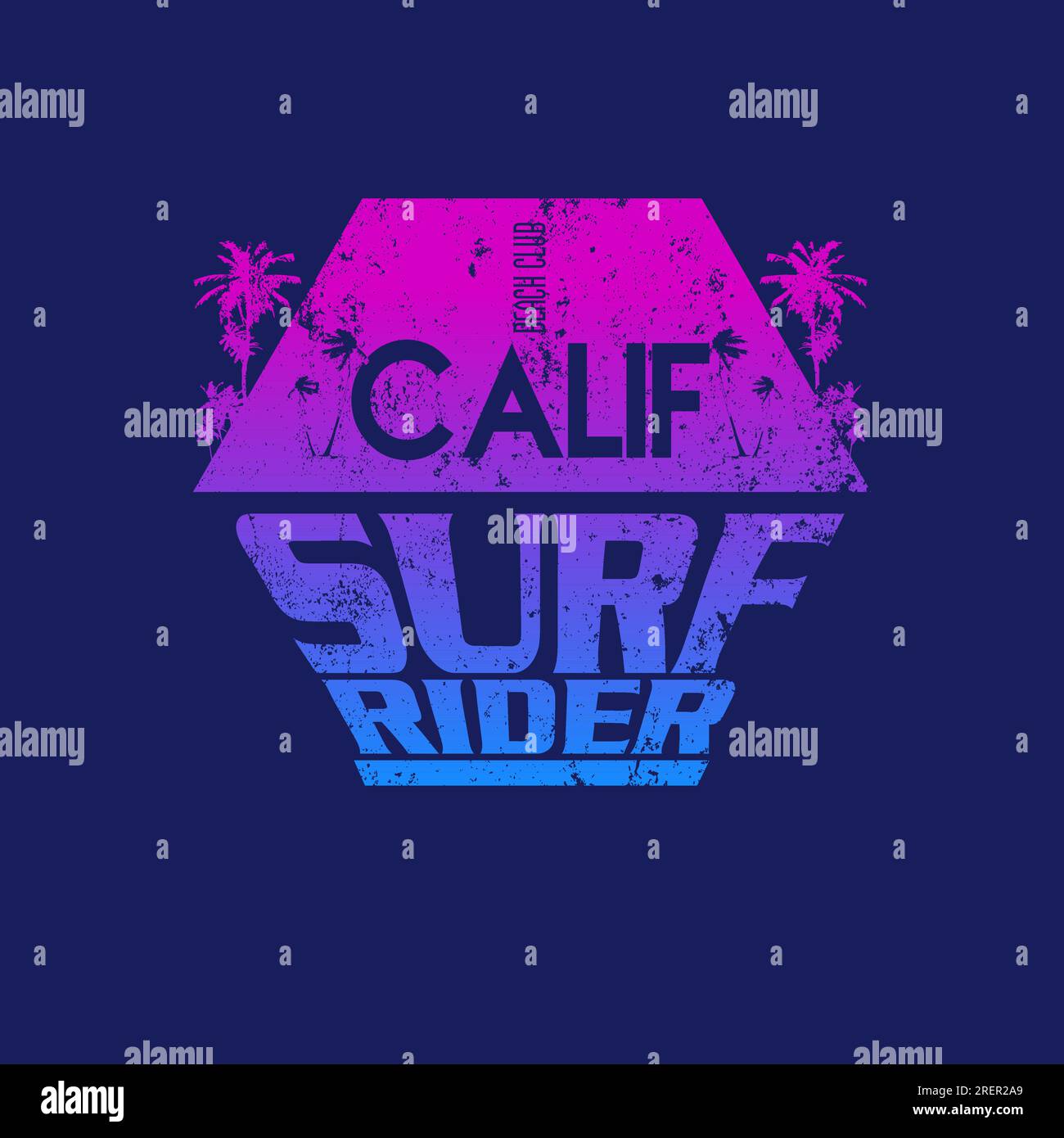 Calif Surf Rider Typography grafica grunge con palme a gradiente esagonale per grafica vettoriale con stampa t-shirt Illustrazione Vettoriale