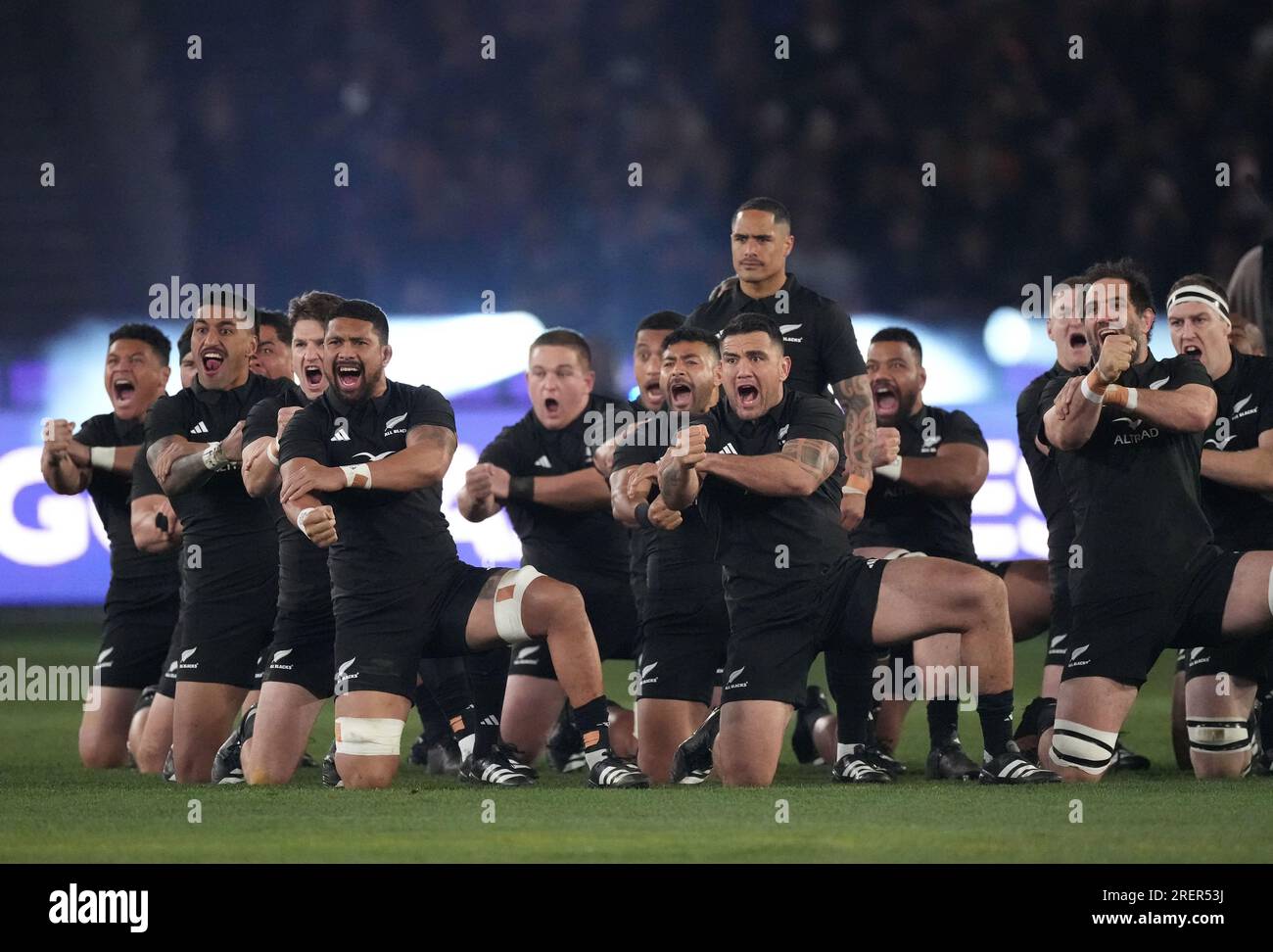 Melbourne, Australia. 29 luglio 2023. Gli All Blacks eseguono l'haka durante il trofeo di Rugby Championship e la Bledisloe Cup dopo il test tra New Zealand All Blacks e Australian Wallabies Bledisloe Cup e Rugby Championship al MCG di Melbourne, Australia, sabato 29 luglio 2023. Crediti: Alamy Live News Foto Stock