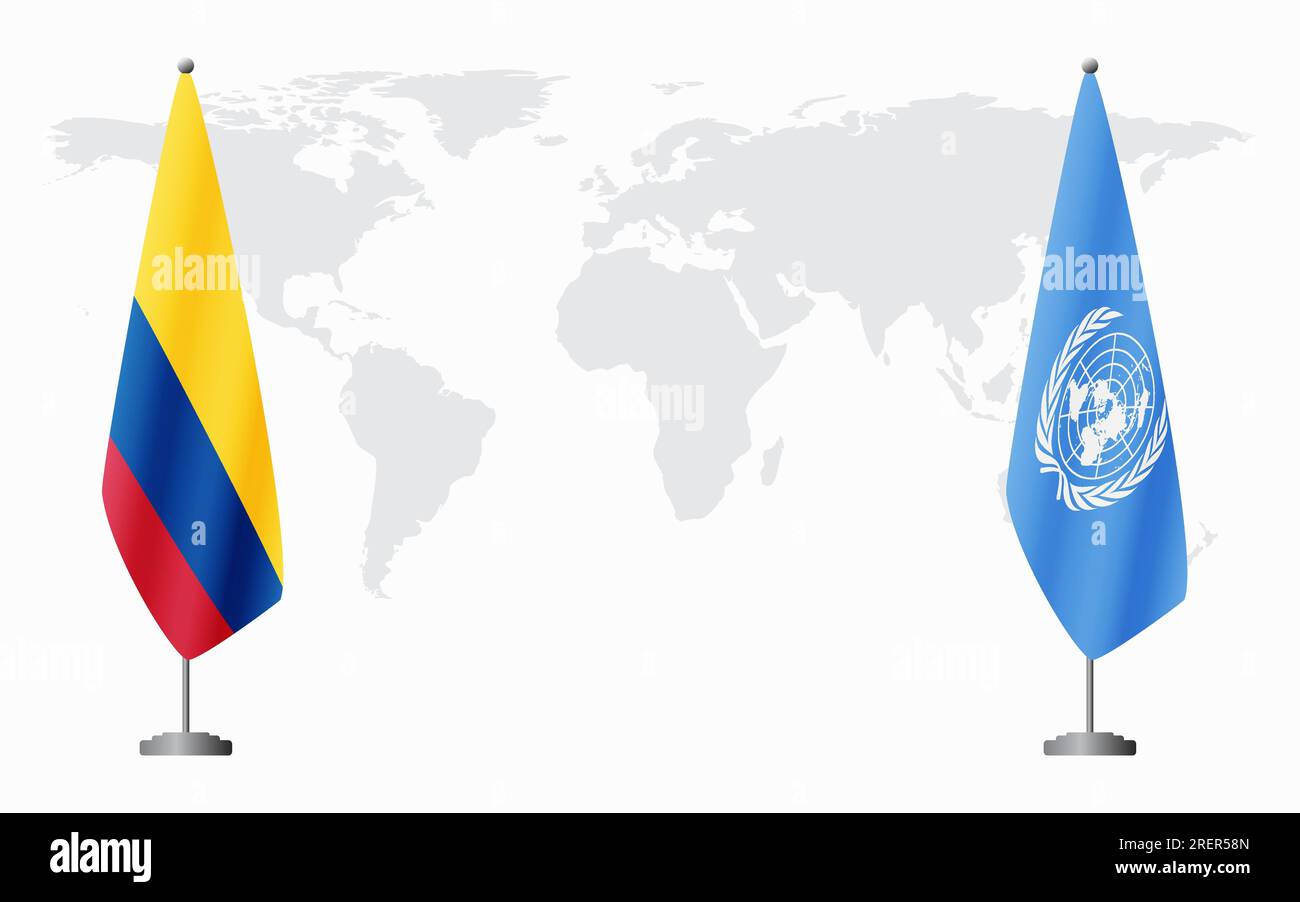 Colombia e Nazioni Unite bandiere per un incontro ufficiale sullo sfondo della mappa mondiale. Illustrazione Vettoriale
