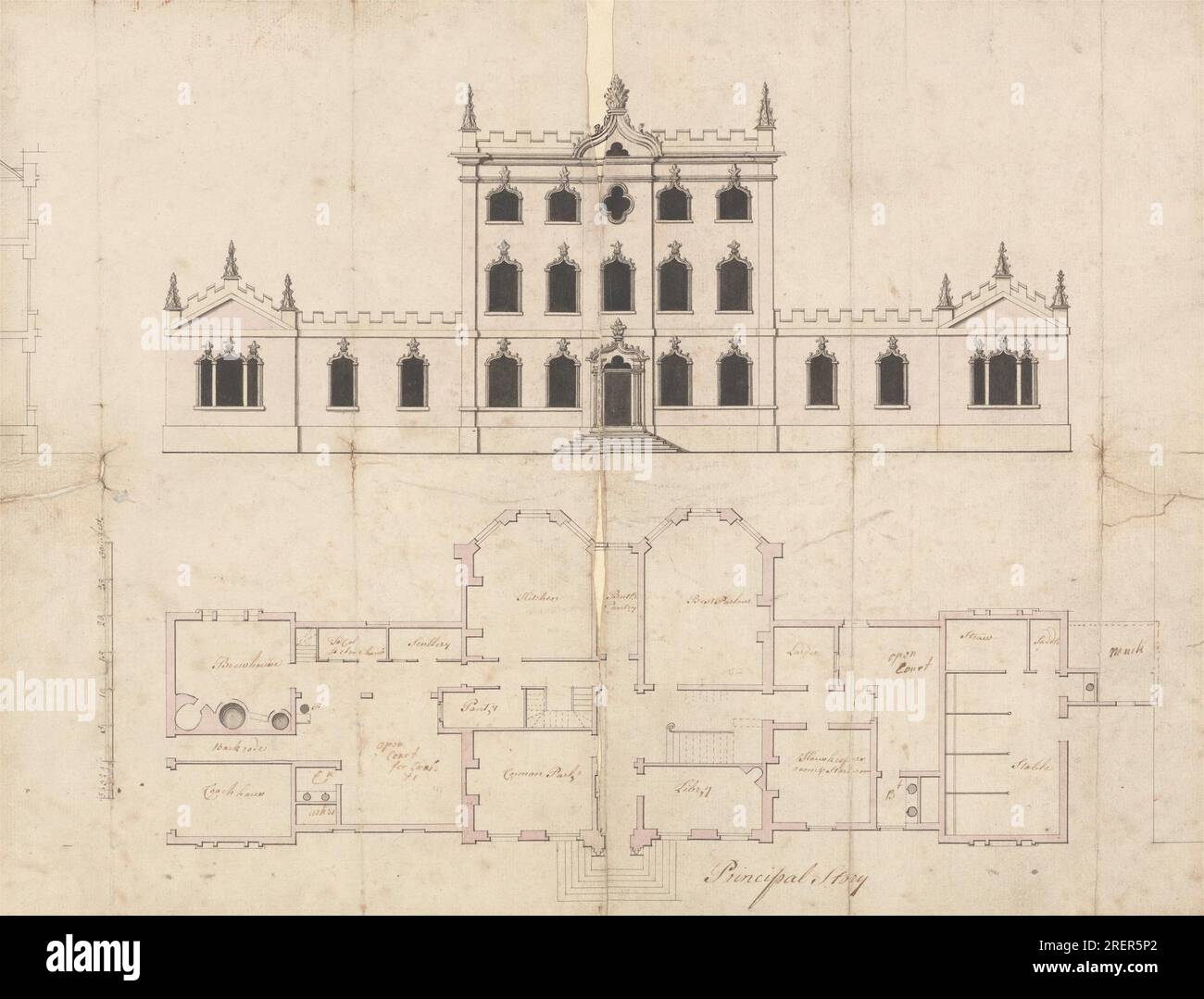 Moody Hall: Altezza anteriore e piano principale di Batty Langley Foto Stock