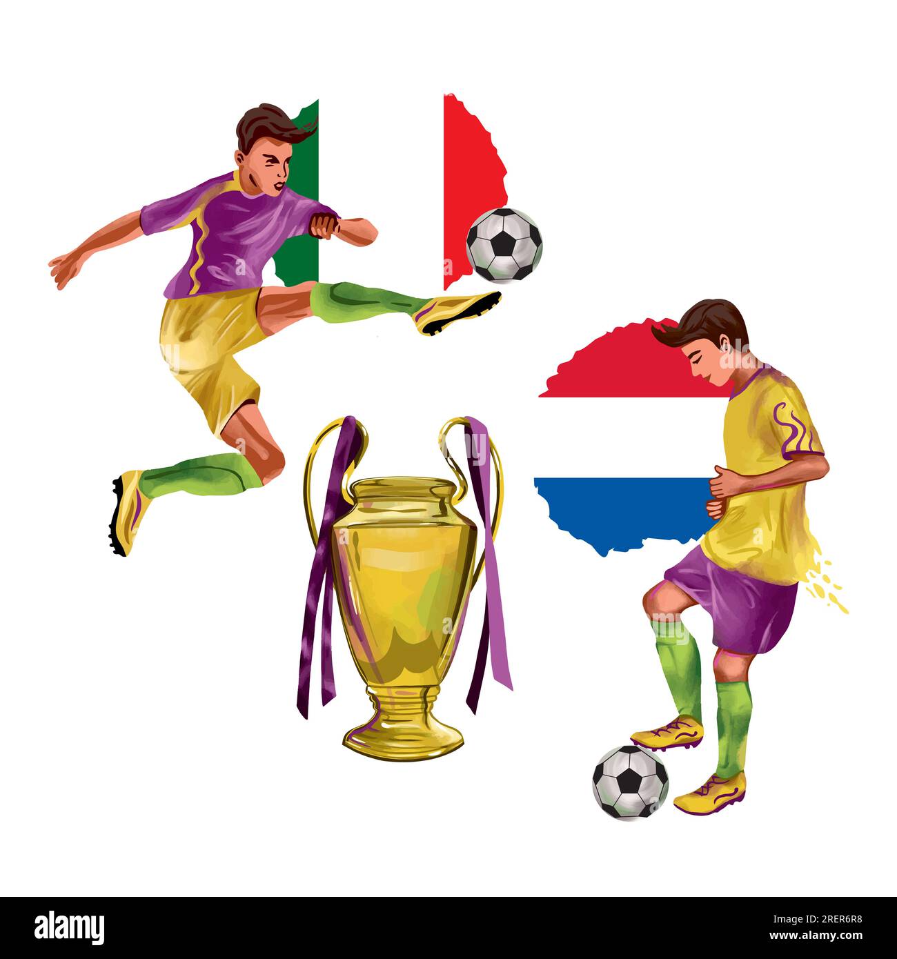 Due giocatori di calcio con la palla e la coppa del campione sullo sfondo delle bandiere. Illustrazione vettoriale. Banner sportivi, volantini, inviti. Illustrazione Vettoriale